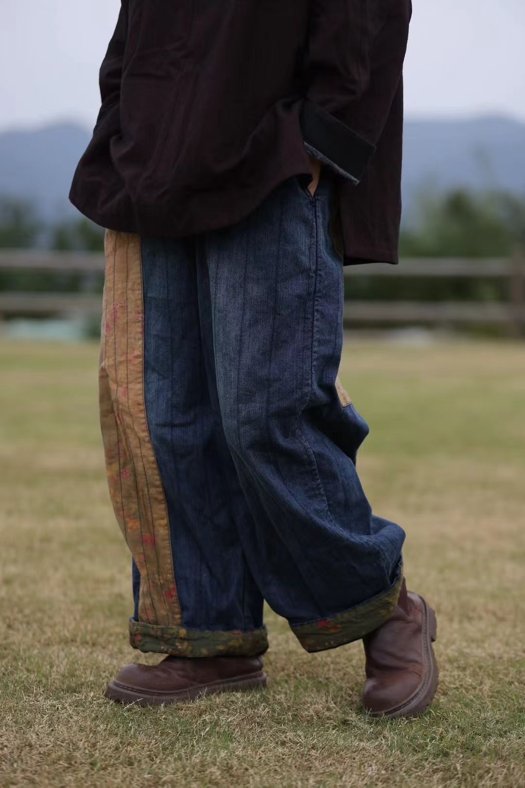 GLM文艺纯棉酵洗拼布双层牛仔裤古兰木3225