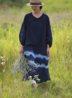 MMBL慢慢变蓝荼植物染板蓝根染色扎染苎麻连衣裙袍子332030