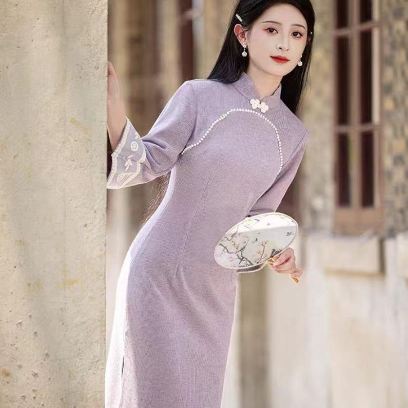 大码复古中式改良旗袍连衣裙秋冬款日常可穿年轻加绒加厚斗篷套装