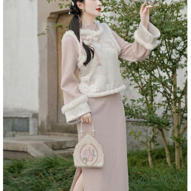 新中式套装粉色秋冬款加绒旗袍裙粉白提花加厚马甲连衣裙两件套