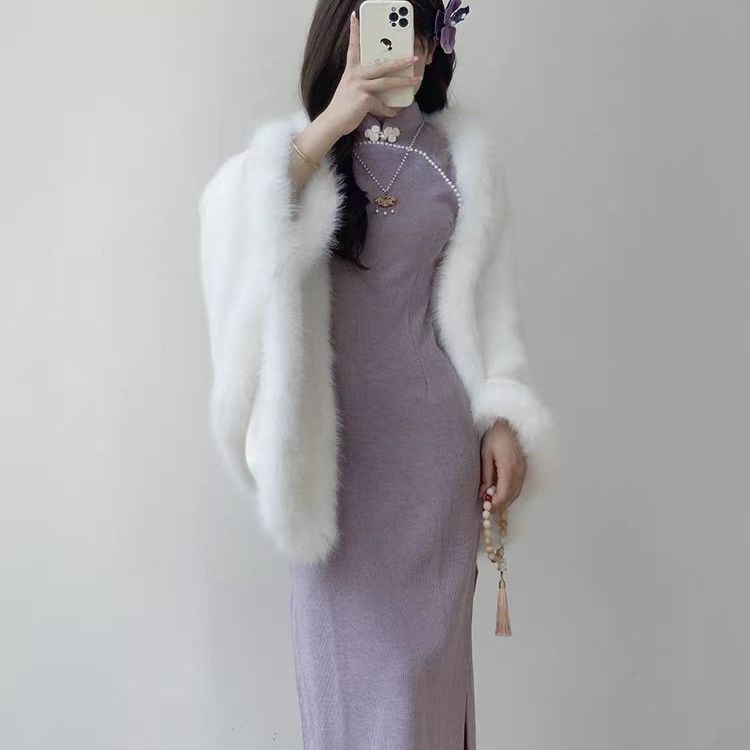 大码胖mm新中式国风改良韵味紫色旗袍裙冬季新款加绒加厚披肩套装