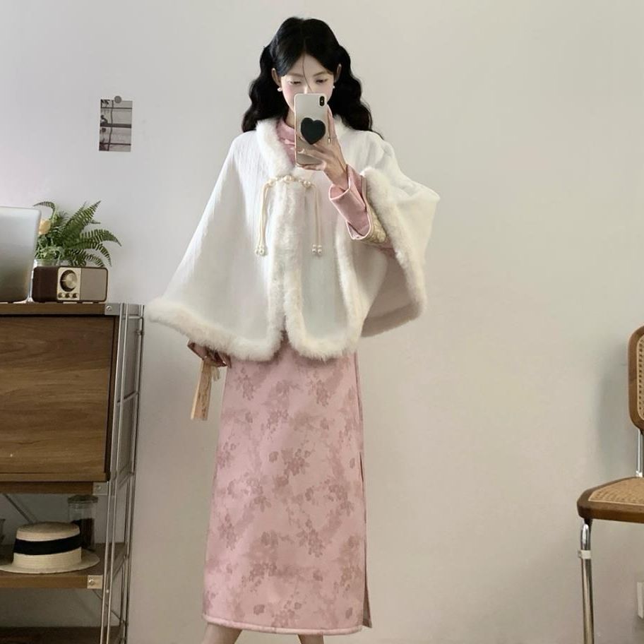 大码粉色新中式碎花旗袍裙套装复古民国风秋冬款加绒加厚斗篷套装