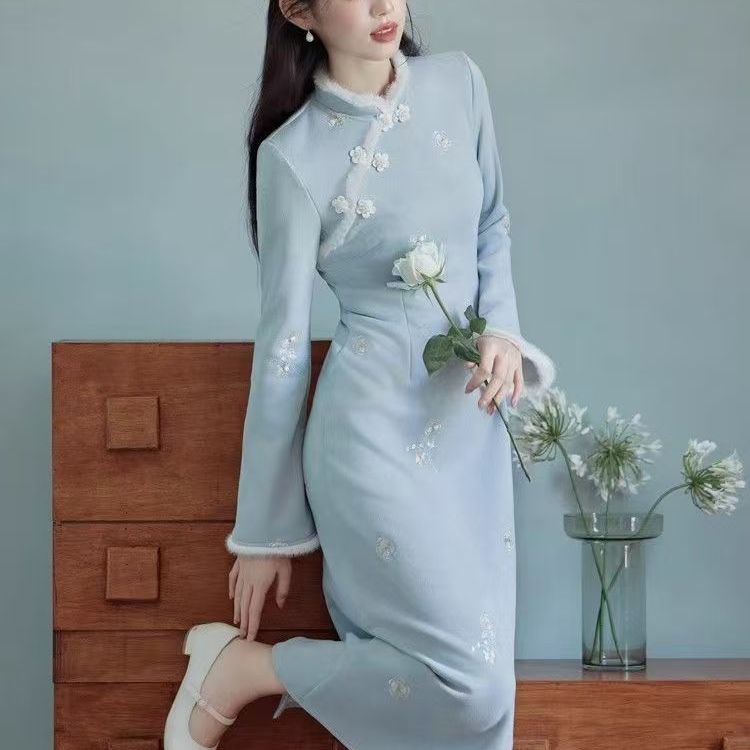 大码秋冬款加绒加厚气质改良旗袍裙年轻款新中式国风保暖连衣裙