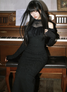 muggle studio 副线 法式黑色网纱收腰包臀秋冬气质长连衣裙