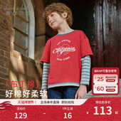戴维贝拉儿童长袖 大童假两件新年春装 T恤男童2026新款 红色打底衫