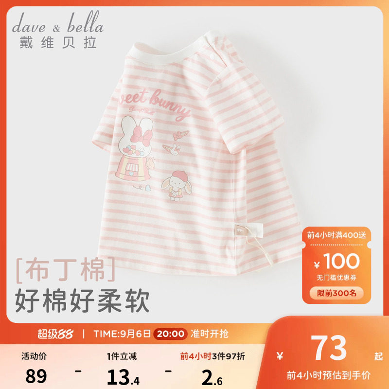 戴维贝拉儿童短袖T恤2026夏装新款女童宝宝短袖条纹纯棉上衣薄款图片