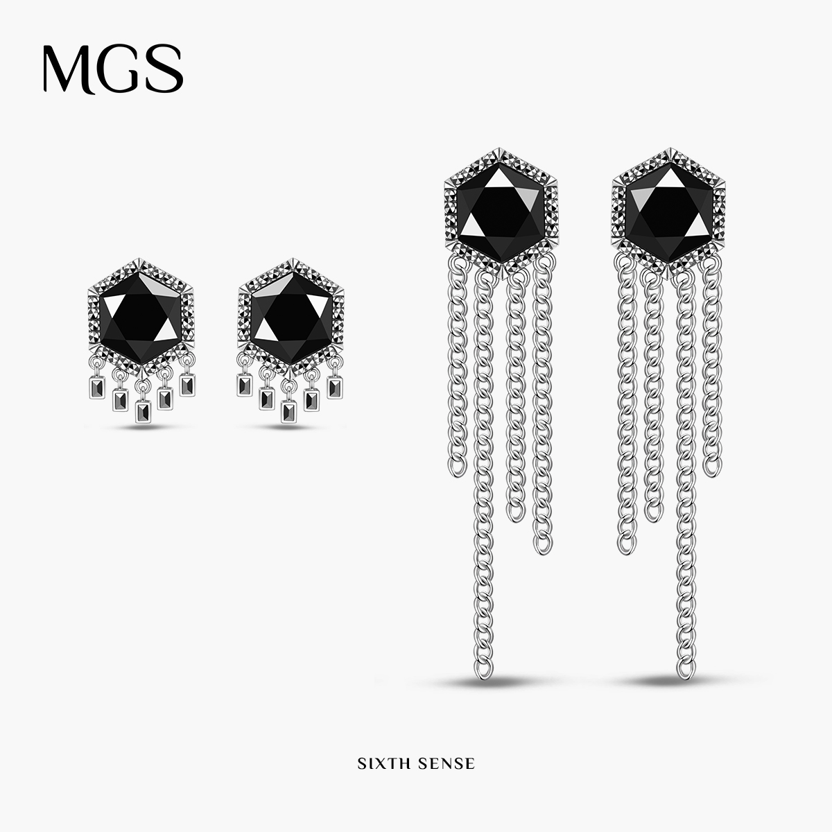 MGS/曼古银第六感系列925银黑玛瑙耳钉女士高级设计感流苏耳饰
