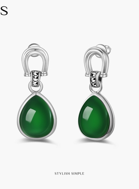 MGS/曼古银马吉扣马年新款绿玛瑙女士耳环新年礼物复古S925银耳饰