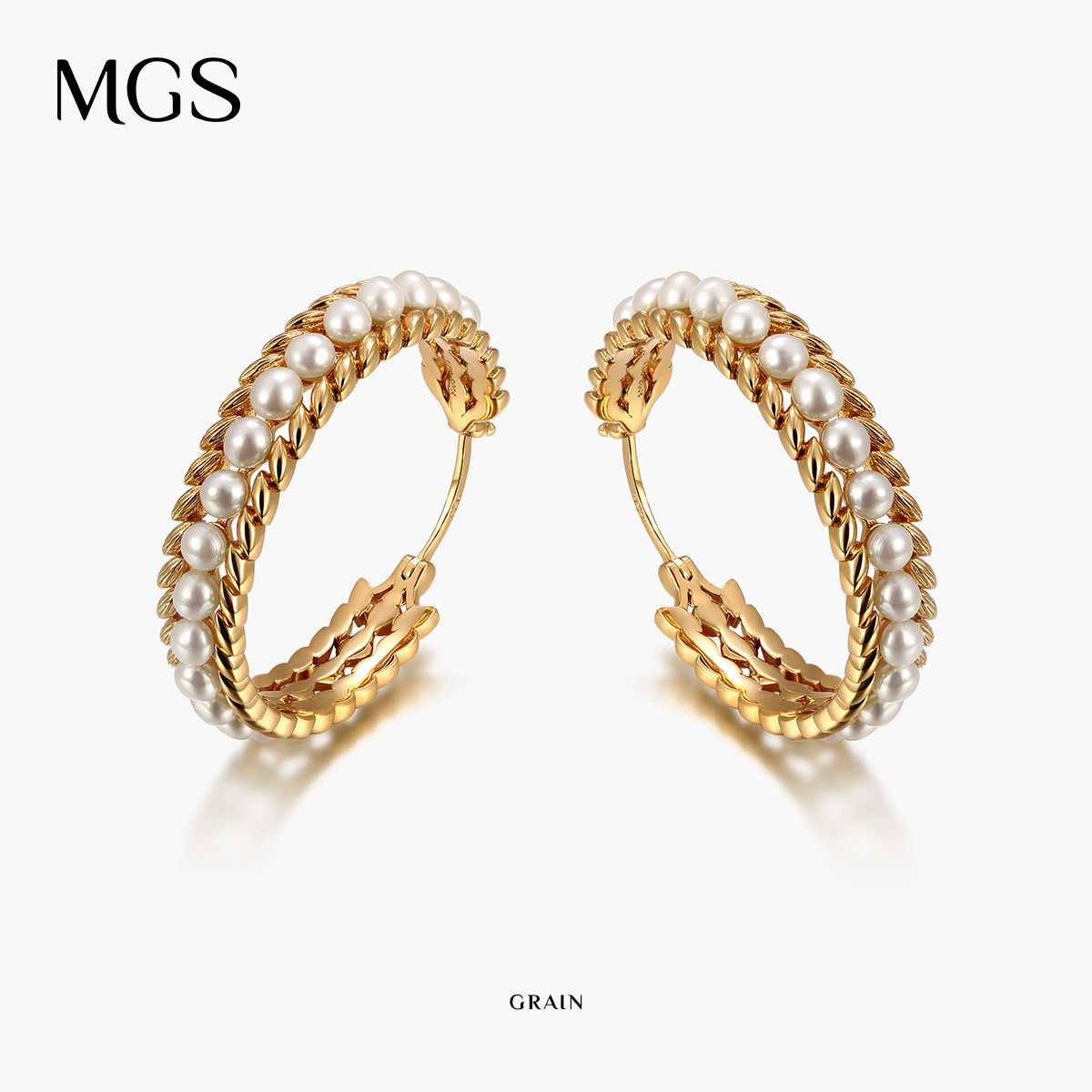 MGS/曼古银麦穗镀18K金珍珠高级耳环925银圈圈耳饰复古耳饰