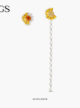 MGS/曼古银梵高向日葵系列时尚淡水白珍珠耳环女士不对称耳线耳饰
