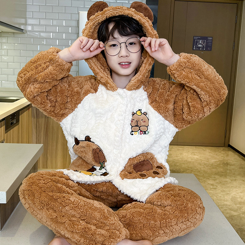 儿童卡通男童法兰绒睡衣套装加厚