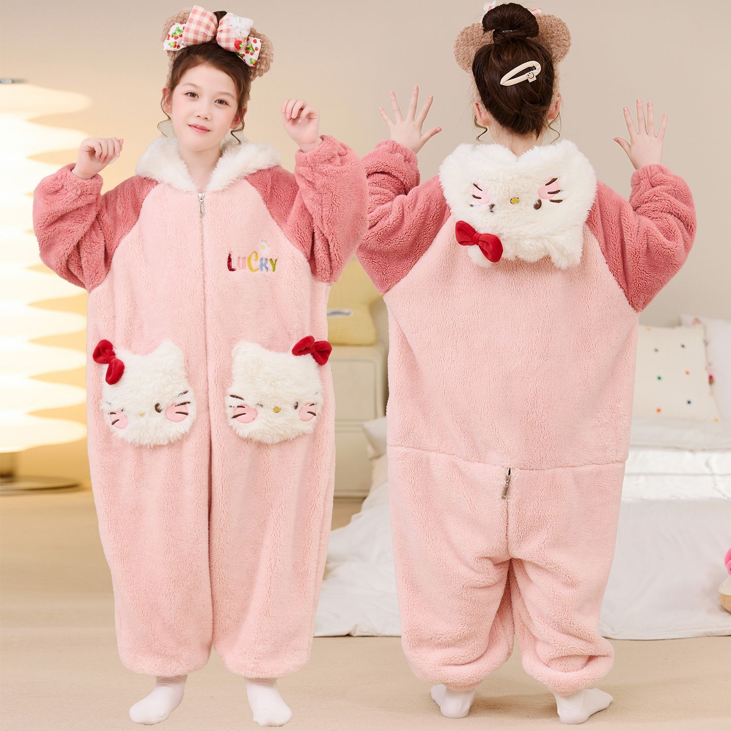 秋冬女童连体衣家居服中大童女孩卡通防踢可爱睡袋保暖睡衣法兰绒