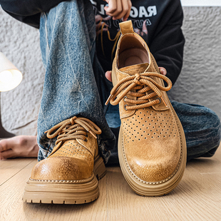子镂空透气夏季 男款 2026新款 情侣鞋 男 工装 真皮百搭低帮大头鞋 鞋