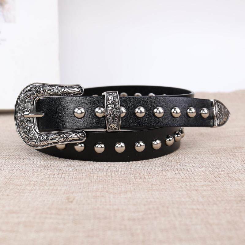 雕花扣朋克风百搭铆钉装饰腰带时尚复古外贸女士皮带牛仔裤带黑色