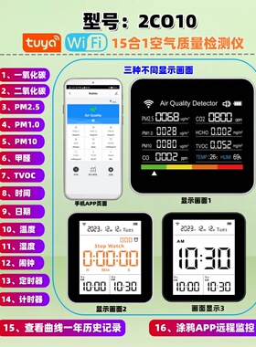 2C010，15合1涂鸦智能APP WIFI 空气质量检测仪CO2,CO，PM2.5甲醛