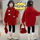女童一体绒毛呢大衣中大童连帽中长款 加绒加厚连帽保暖洋气外套潮