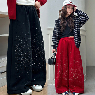 亮闪闪满天星裤子女童冬季加绒加厚新年款儿童烫钻加绒加厚卫裤潮