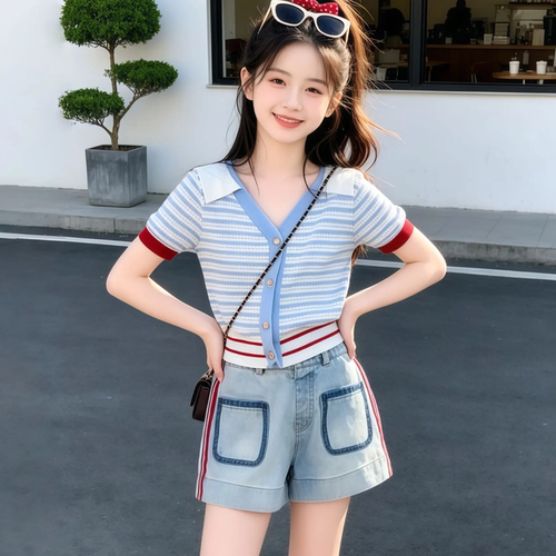 女童夏季针织Polo短袖时尚潮套装