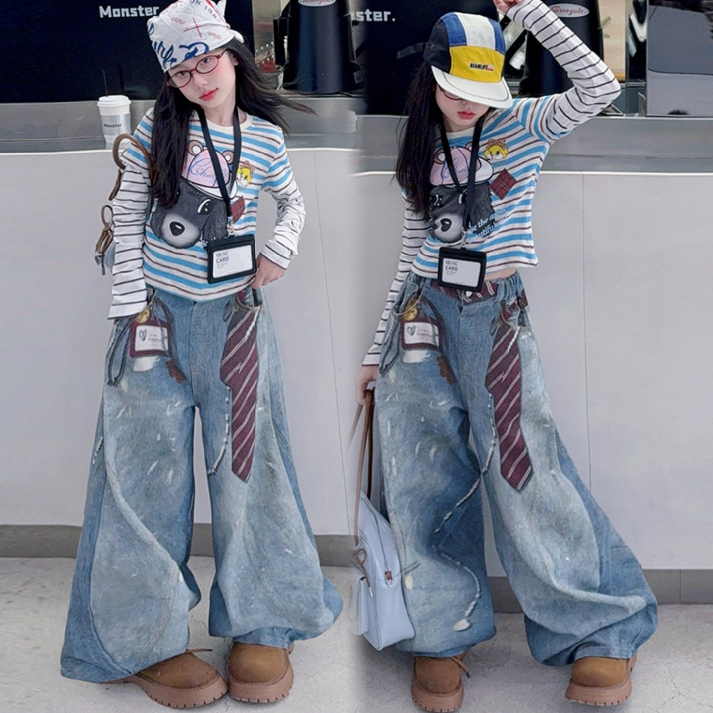 女童美式设计感炸街套装儿童春秋洋气时尚条纹t恤牛仔阔腿裤两件9,童装/婴儿装/亲子装,套装,淘宝优惠券,粉丝福利购,淘宝优惠卷