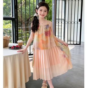 女童莫奈花园吊带公主裙儿童韩版扎染雪纺百褶长裙女孩度假连衣裙