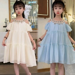 女童连衣裙夏薄款2025新款高级感儿童海边度假波西米亚露肩吊带裙
