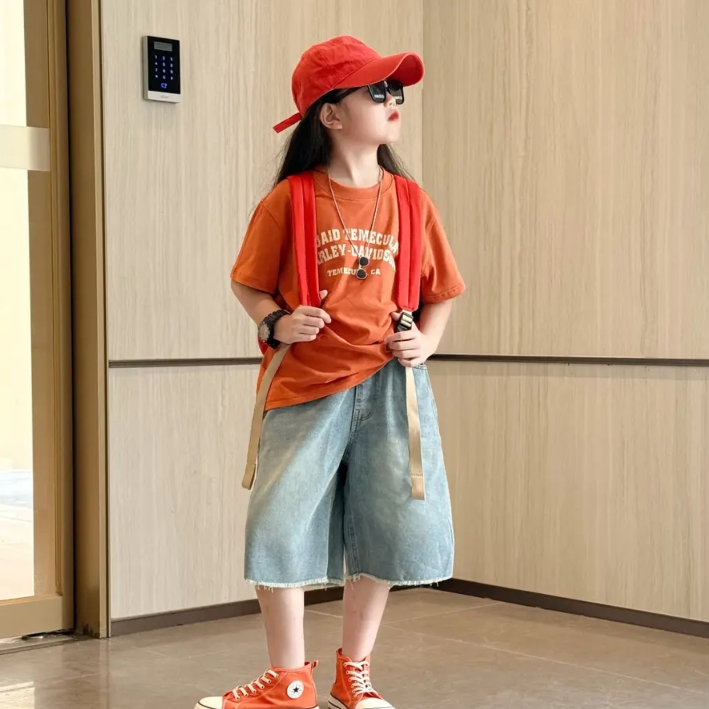 女童夏季美式复古T恤牛仔套装图片