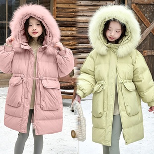 女童冬季羽绒服韩版毛领儿童洋气加厚保暖长款过膝收腰显瘦外套