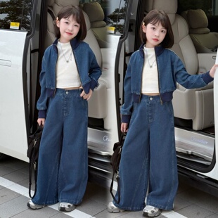 女童春秋牛仔套装中大童春装洋气时尚织带拉条潮流洋气炸街两件套