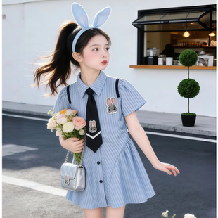 女童夏季学院风条纹连衣裙儿童兔子刺绣领带衬衫裙学生polo裙时尚