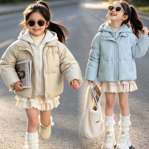 女童连帽假两件短款面包服保暖潮