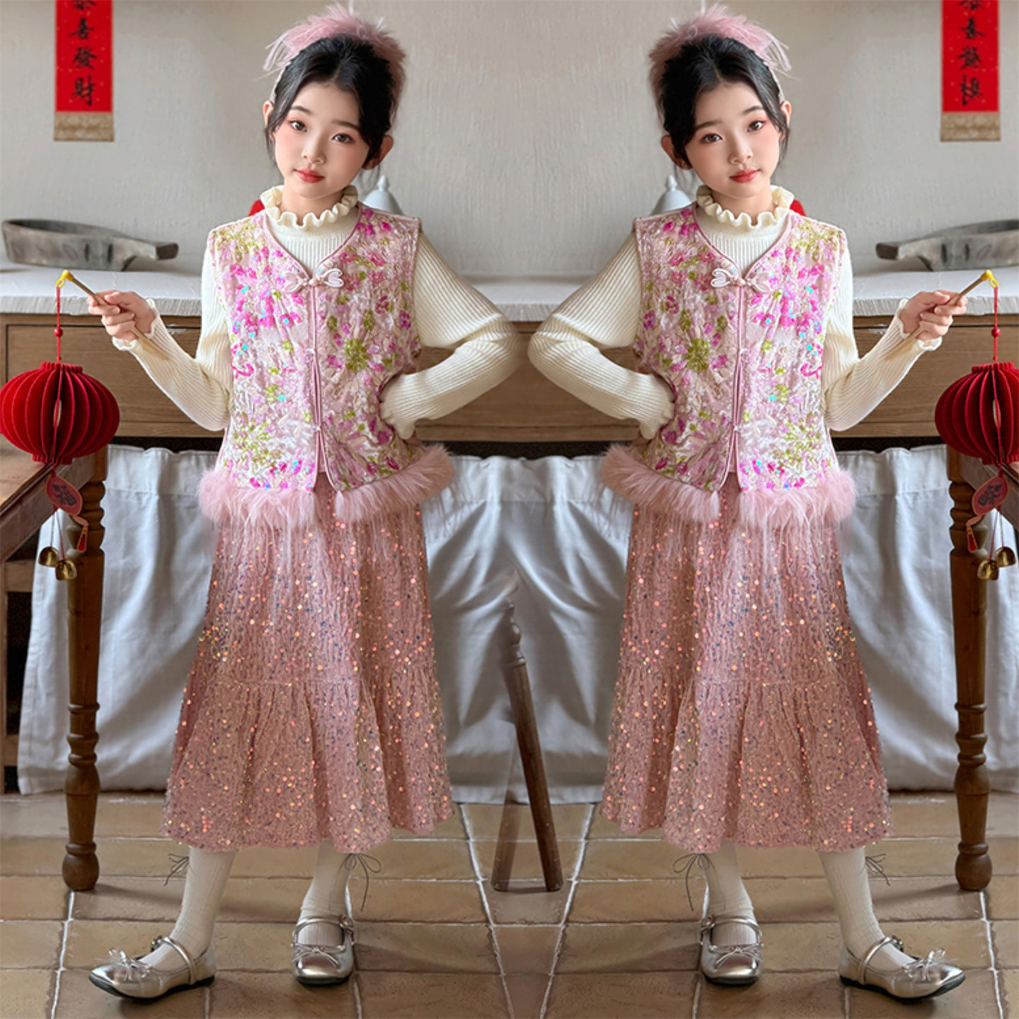 新中式国风旗袍马甲套装女童新年服装儿童半身裙亮片改良版两件套,童装/婴儿装/亲子装,旗袍,淘宝优惠券,粉丝福利购,淘宝优惠卷