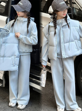 女童冬装马甲三件套儿童加绒卫衣时髦洋气外穿蓝色连帽卫衣套装潮
