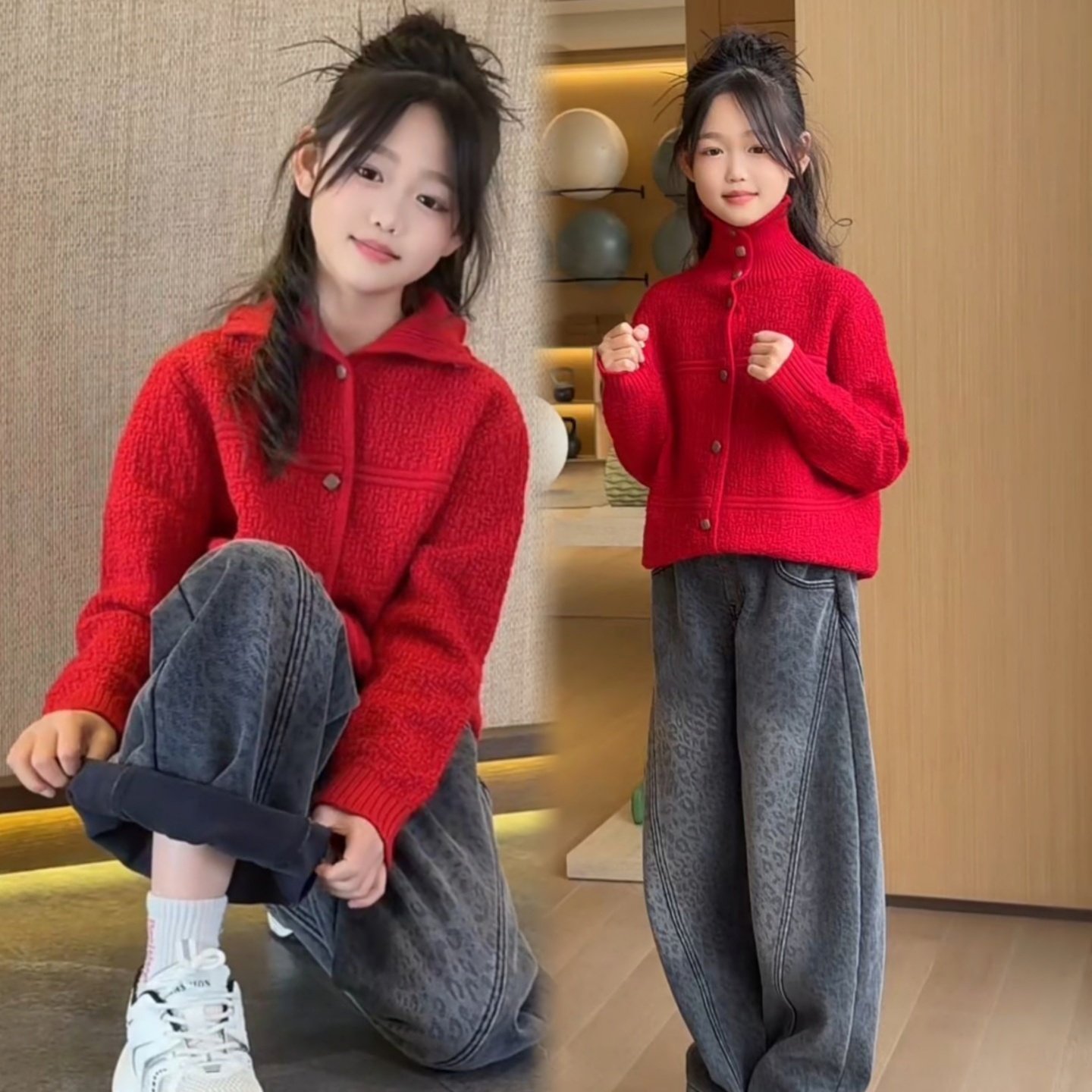 女童高领毛衣开衫外套中大童洋气时尚秋冬红色超洋气百搭针织衫潮,童装/婴儿装/亲子装,毛衣/针织衫,淘宝优惠券,粉丝福利购,淘宝优惠卷
