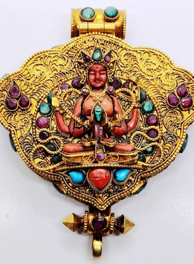 民族风四臂观音佛像银饰镶嵌宝石