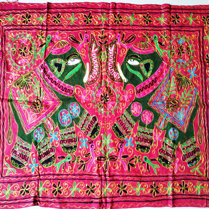 家居软装招财风水印度传统手工民族风手工刺绣亮片大象挂毯画桌布