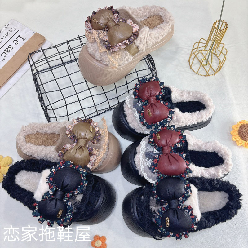 小宁北甜美碎花蝴蝶结棉拖鞋