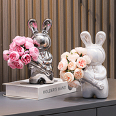 艺术陶瓷捧花太空兔子网红花瓶摆件客厅插花仿真花器轻奢酒柜摆设