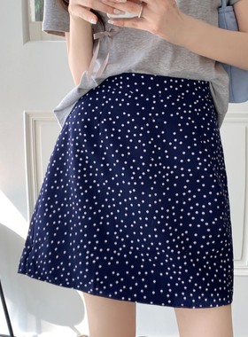 韩系甜美蓝色波点a字半身裙女复古高腰显瘦小个子圆点短裙夏季女