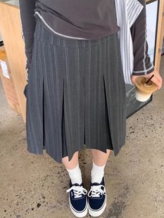 2025秋韩系穿搭条纹半身裙百搭百褶裙高腰裙时尚 复古显瘦A字裙女