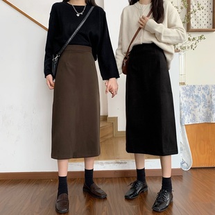 黑色毛呢开叉半身裙女中长款 高腰a字裙复古百搭裙子秋冬2024 大码