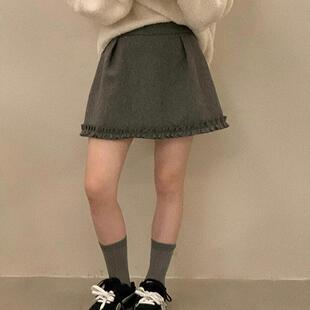 秋冬花苞短裙法式木耳边毛呢A字裙高腰显瘦灰色半身裙韩系蓬蓬裙