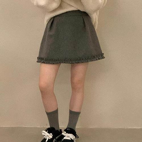 法式灰色毛呢蓬蓬短裙木耳边