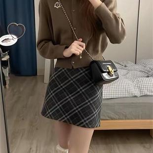 格子毛呢短裙秋冬防走光a字裙美拉德穿搭miu系撞色高腰显瘦半身裙