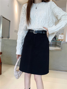 秋冬毛呢中裙加长版 一步裙黑色显瘦高腰a字裙子 半身裙女2024新款