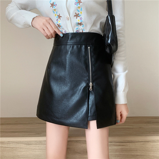 百搭遮胯半身裙 高腰显瘦不规则开叉a字裙韩版 秋冬pu皮短裙裤 大码