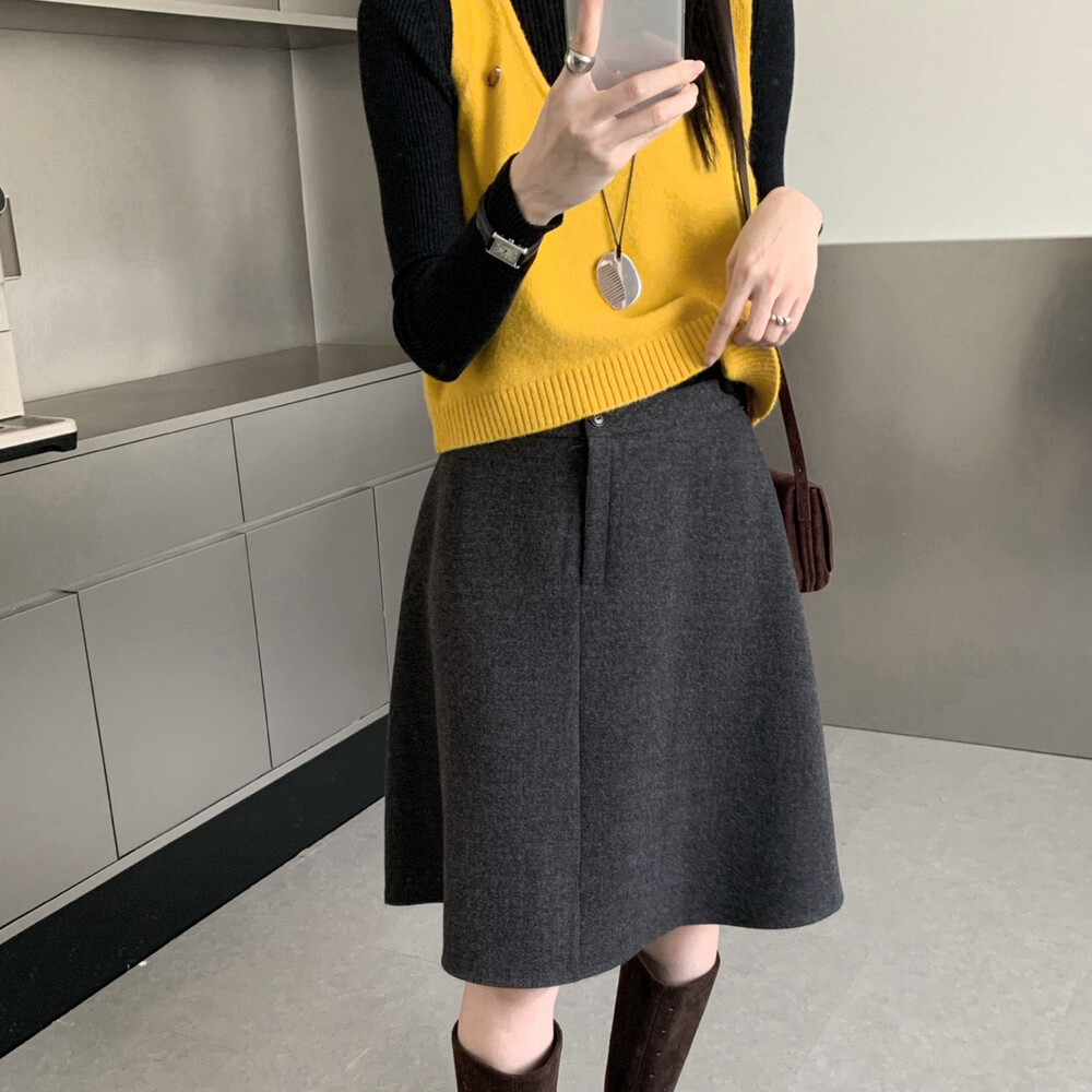 高级感灰色毛呢半身裙高腰显瘦A字中裙简约气质秋冬韩版miu系伞裙