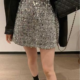 亮片短裙高腰显瘦银色辣妹a字裙时尚 名媛风半身裙秋冬百搭包臀裙
