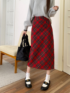 喜庆红色格子中长款 半身裙高腰毛呢A字裙秋冬氛围感显瘦一步裙子