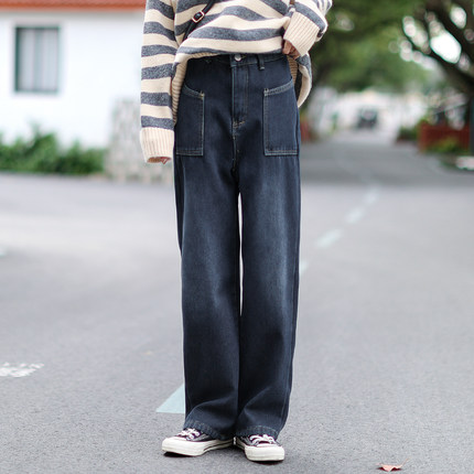 艺野系复古宽松直筒加绒加厚牛仔裤女冬小个子美式垂感显瘦工装裤