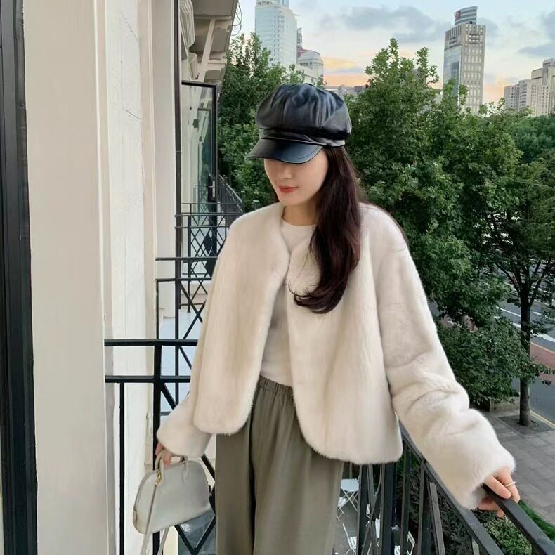 2024新款高克重欧貂绒皮草外套女环保仿水貂皮毛一体圆领宽松秋冬